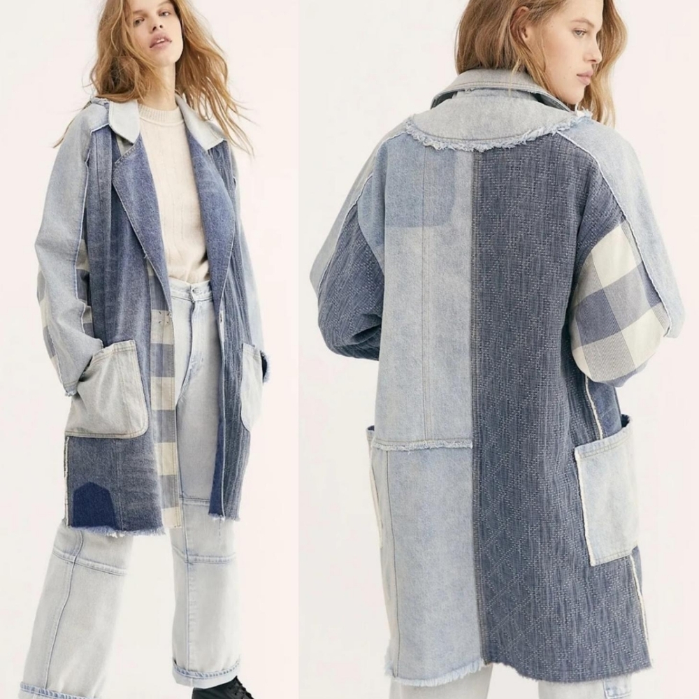 We The Free washed up patched up patchwork distressed long denim jacket coat